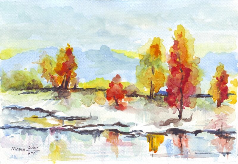 Autumn Trees by Water — Red, Serene, Painting