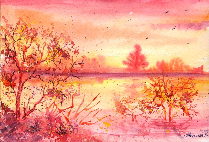 Autumn Trees by Water — Red, Serene, Sunset