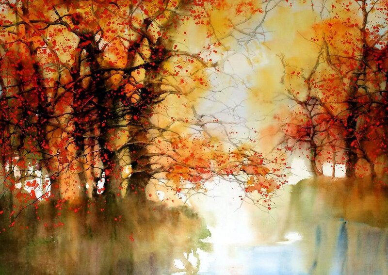 Autumn Trees by Water — Red
