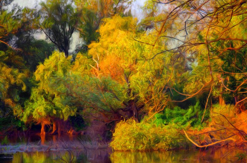 Autumn Trees by Water — Yellow, Serene, Digital Art