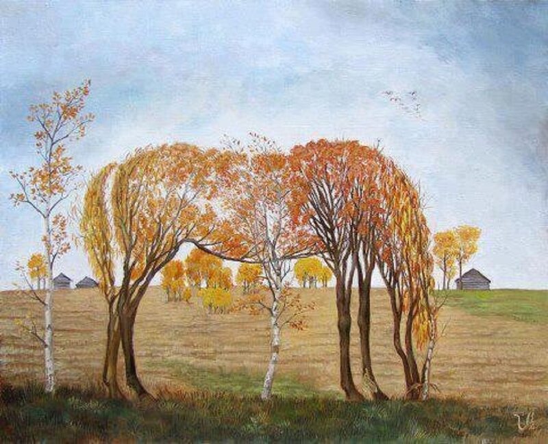 Autumn Trees in Field — Orange, Serene, Painting