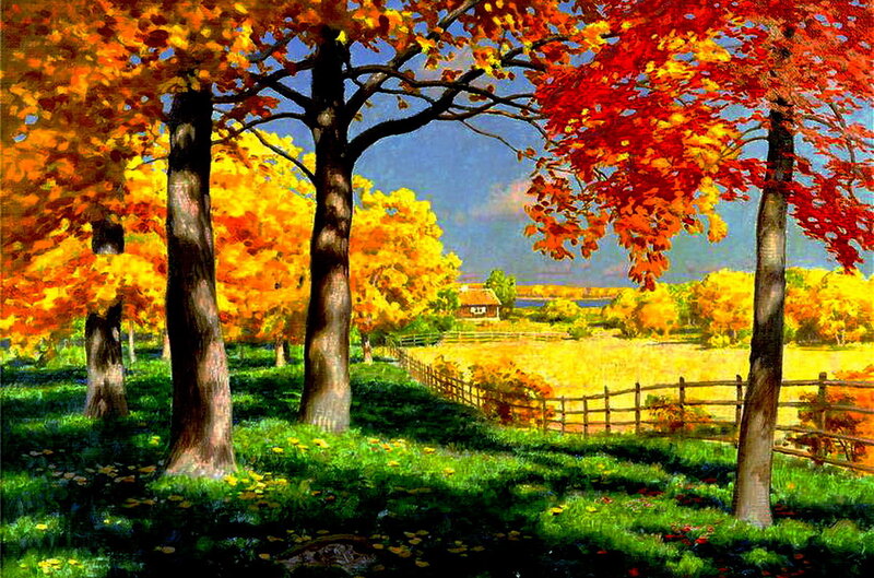 Autumn Trees in Field — Red, Serene
