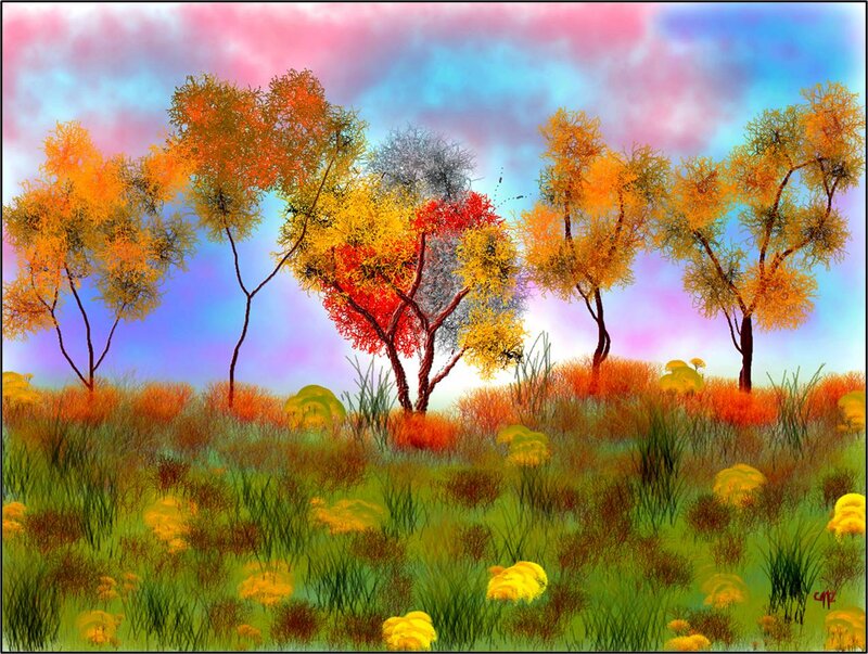 Autumn Trees in Field — Yellow, Serene, Digital Art