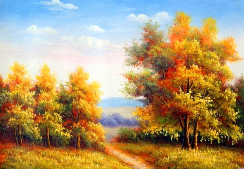 Autumn Trees in Field — Yellow, Serene, Painting