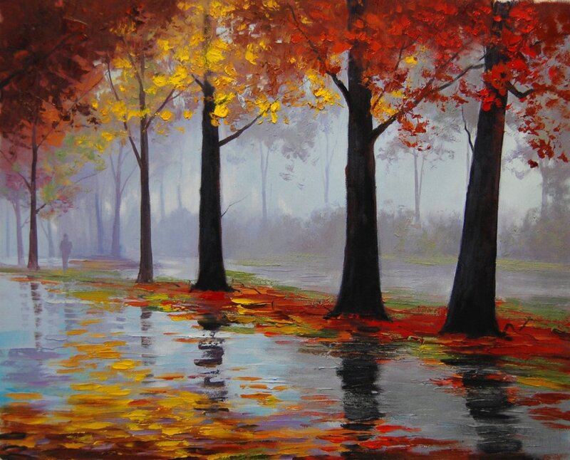 Autumn Trees in Fog — Red, Serene