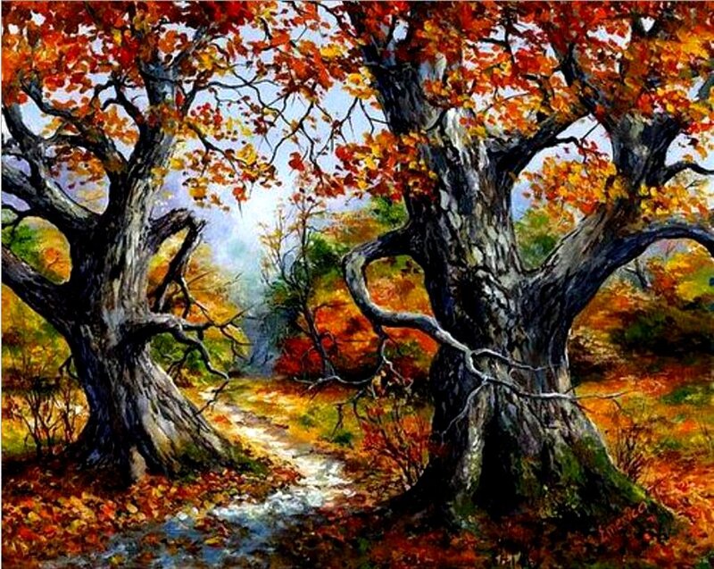 Autumn Trees in Forest — Orange, Serene, Painting