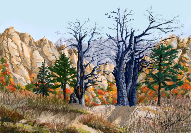 Autumn Trees in Mountains — Blue