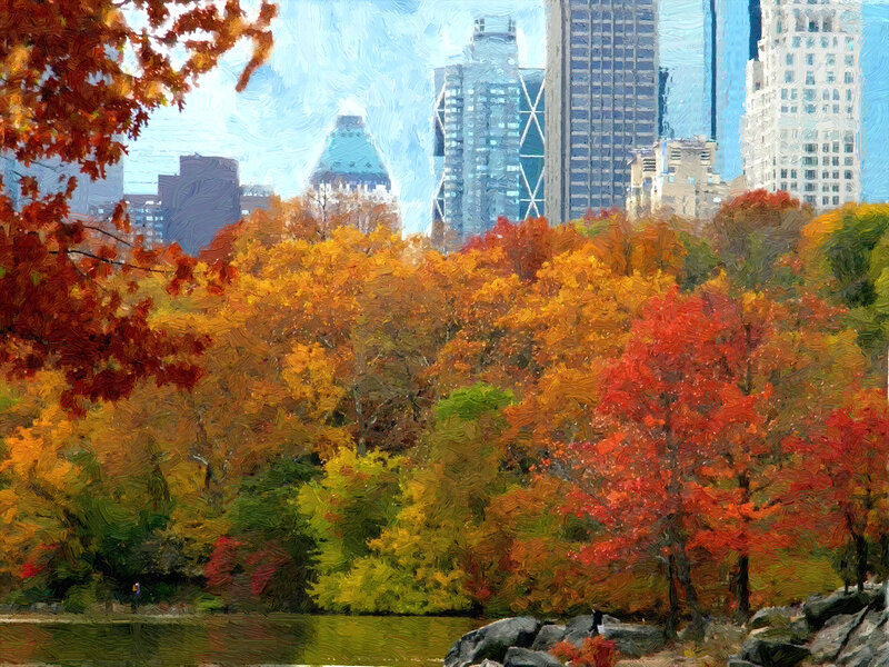Autumn Trees in Park — Orange, Serene, Painting, Buildings