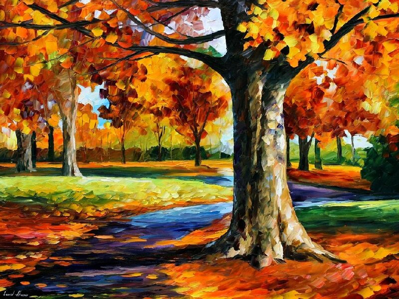 Autumn Trees in Park — Orange, Serene, Painting, Path