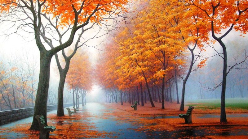 Autumn Trees in Park — Orange, Serene, Painting