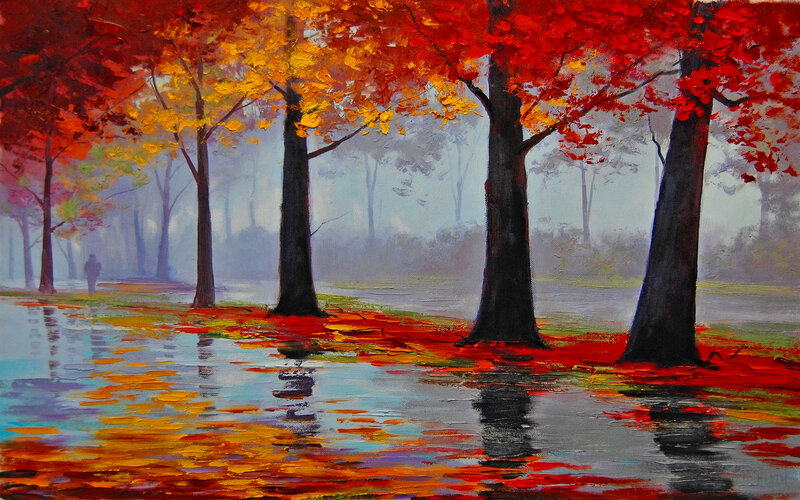 Autumn Trees in Park — Red, Serene, Painting