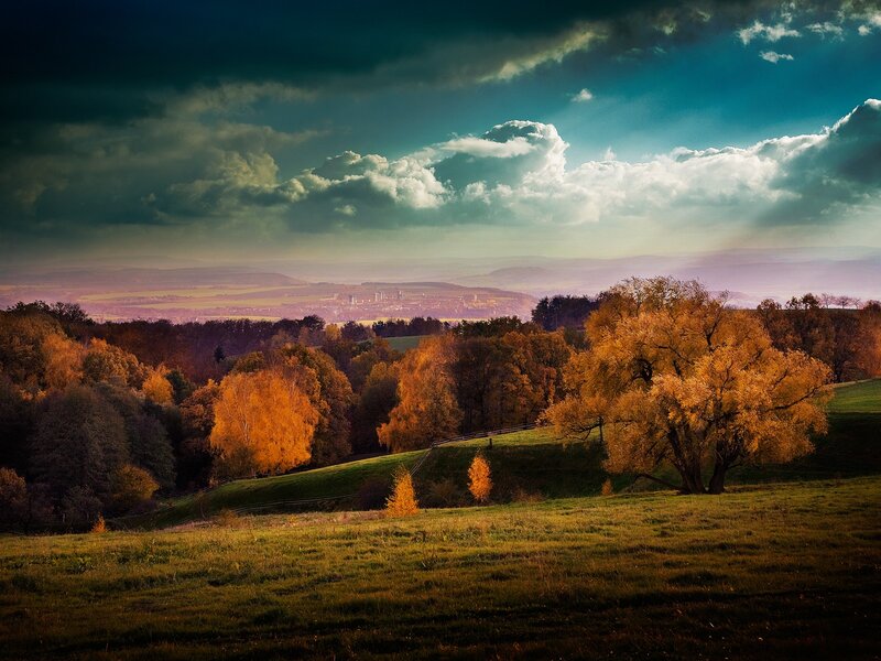 Autumn Trees on Hills — Orange, Dramatic, Photograph, Sky, Clouds, Green