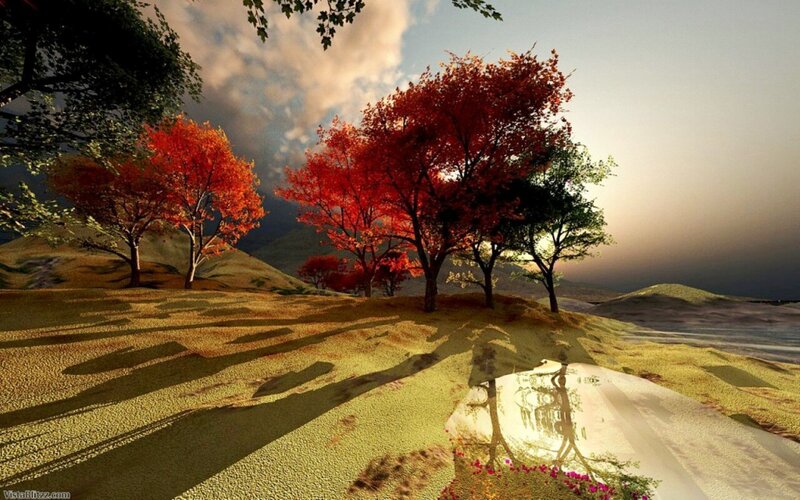 Autumn Trees on Hills — Red, Serene