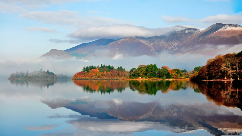 Autumn Trees on Island — Blue, Serene, Photograph, Mountains