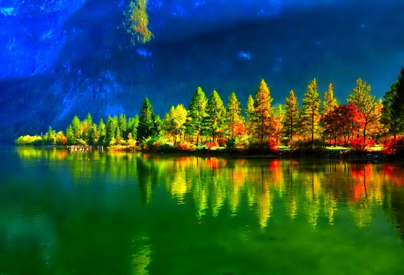 Autumn Trees on Lake — Blue, Dramatic