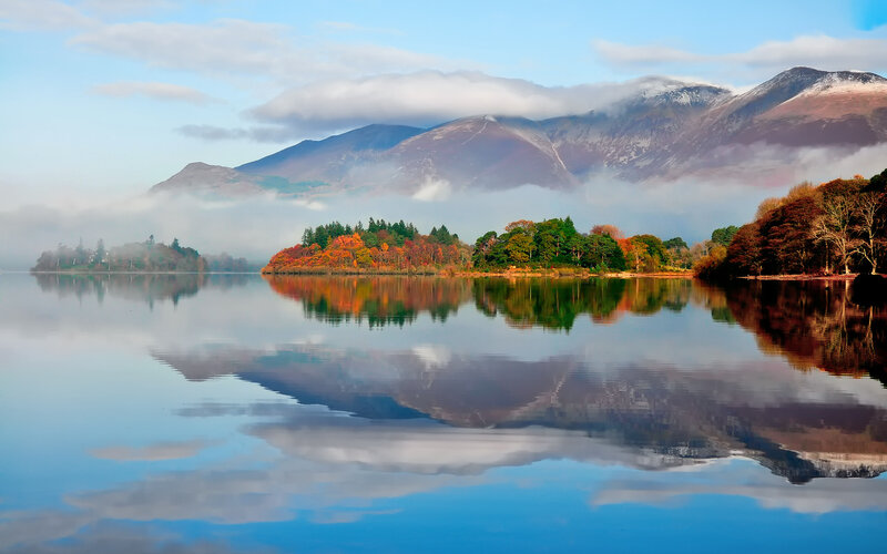 Autumn Trees on Lake — Blue, Serene, Morning