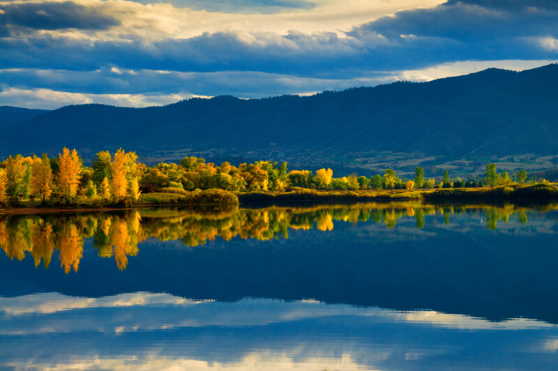 Autumn Trees on Lake — Blue, Serene, Sunset