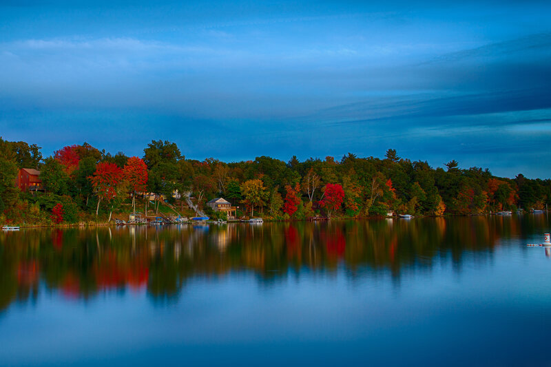 Autumn Trees on Lake Shore — Blue, Serene, Sunset