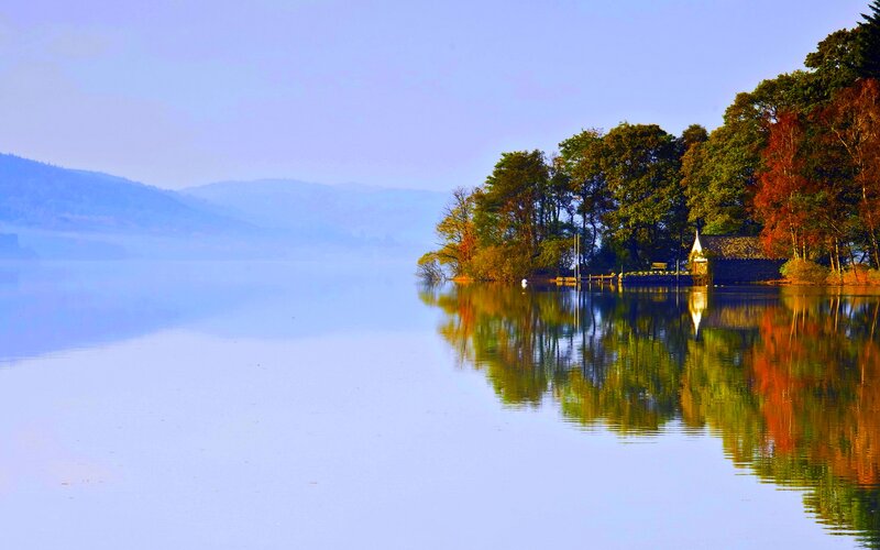 Autumn Trees on Lake Shore — Blue, Serene