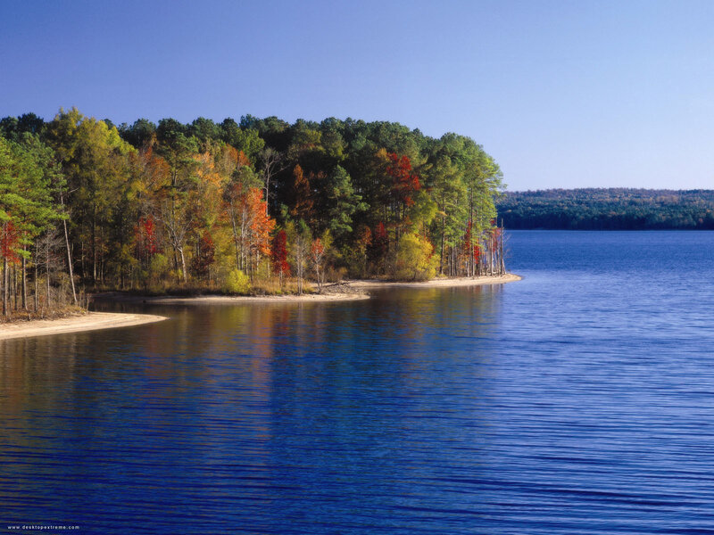 Autumn Trees on Lake Shore — Blue