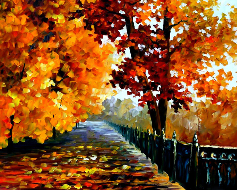 Autumn Trees on Path — Orange, Serene, Painting