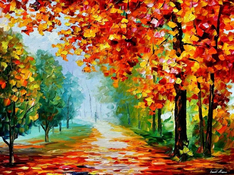 Autumn Trees on Path — Red, Serene, Painting