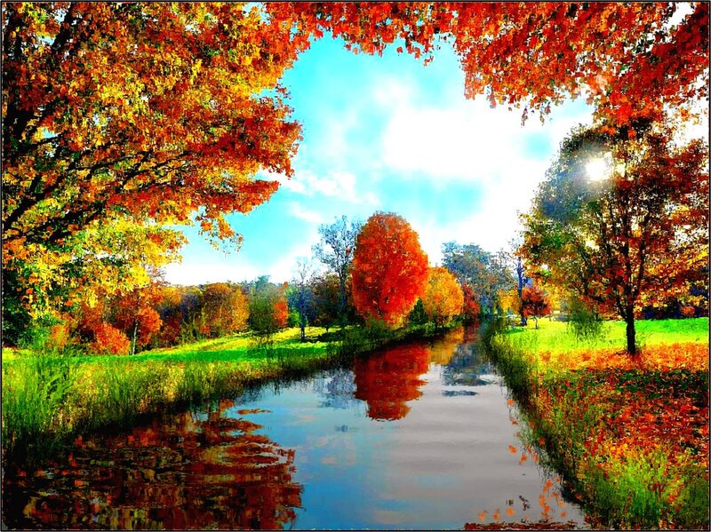 Autumn Trees over River — Red