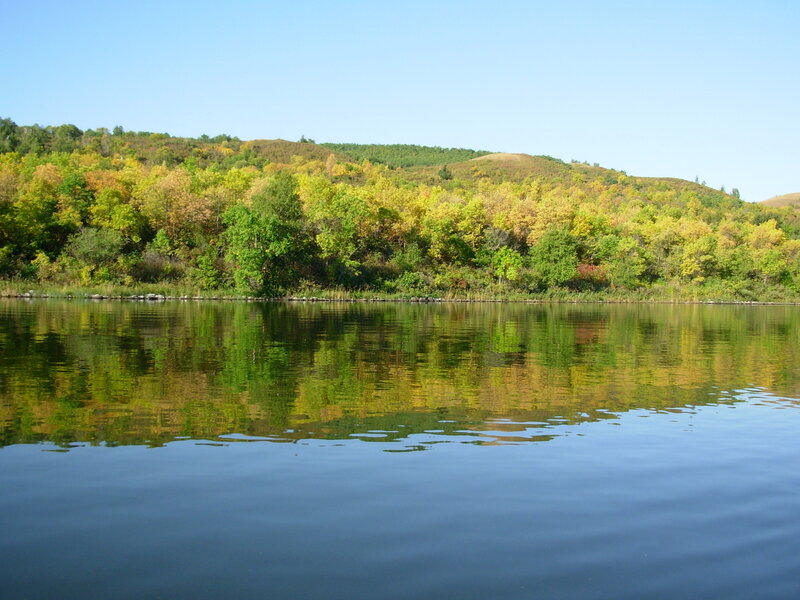 Autumn Trees Reflected in Lake — Green, Serene, Photograph, Hills