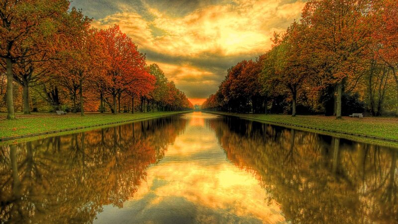 Autumn Trees Reflecting in Canal — Orange, Dramatic, Sunset