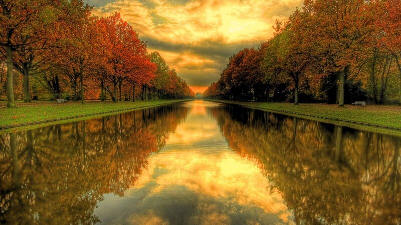 Autumn Trees Reflecting in Canal — Orange, Serene, Sunset, Photograph