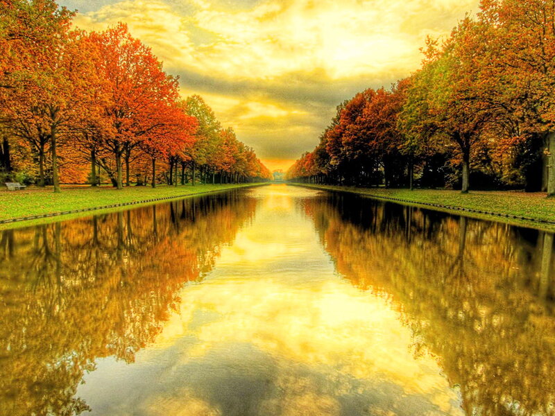 Autumn Trees Reflecting in Canal — Orange, Serene, Sunset