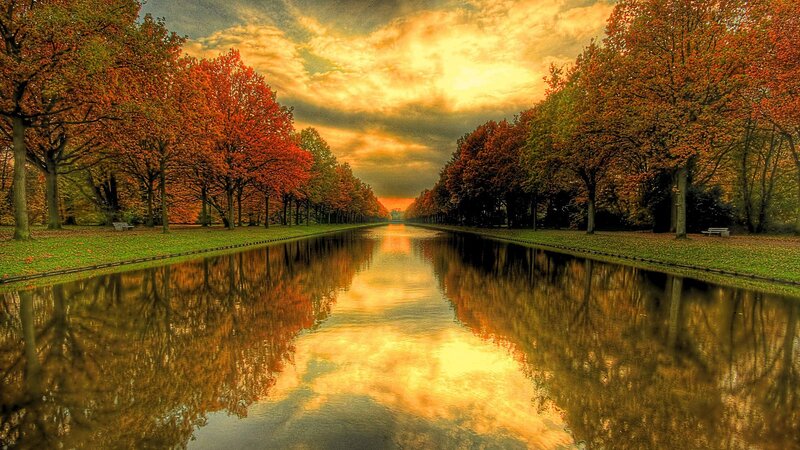 Autumn Trees Reflecting in Canal — Orange, Serene