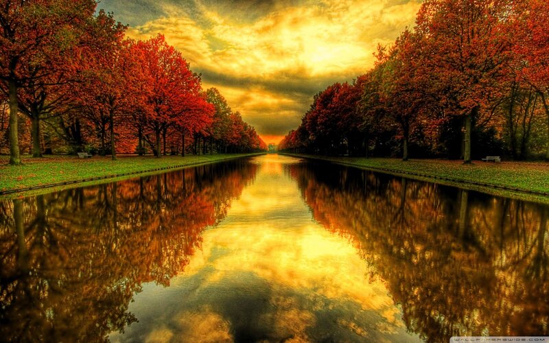 Autumn Trees Reflecting in Canal — Red, Dramatic, Sunset, Photograph, Sky