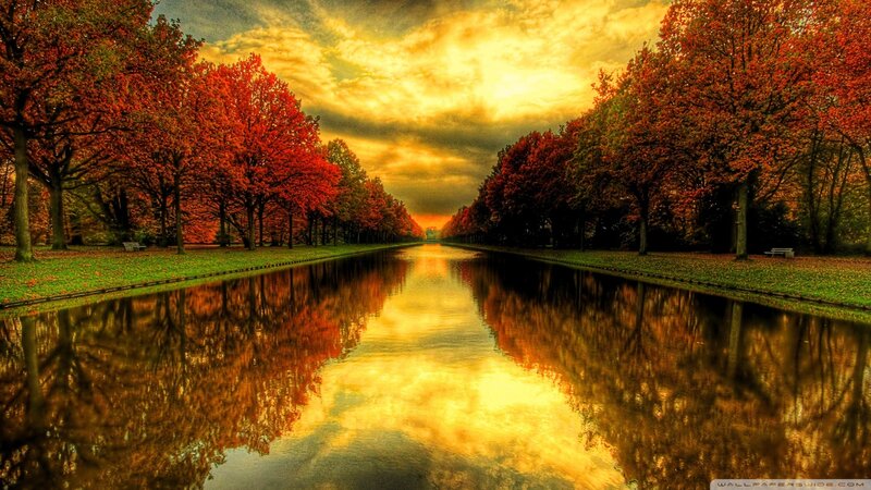 Autumn Trees Reflecting in Canal — Red, Dramatic, Sunset, Photograph