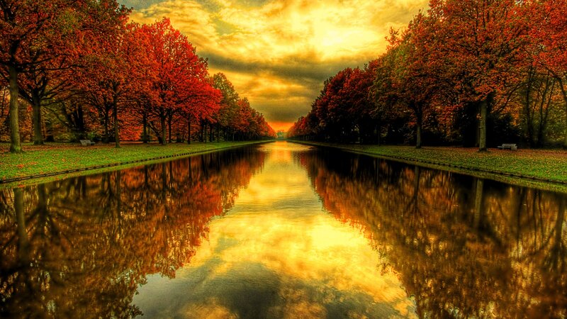 Autumn Trees Reflecting in Canal — Red, Dramatic, Sunset