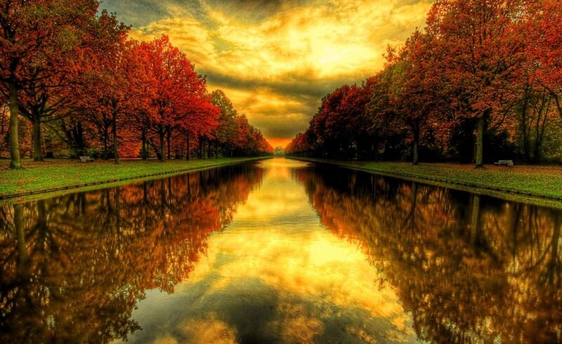 Autumn Trees Reflecting in Canal — Red, Dramatic