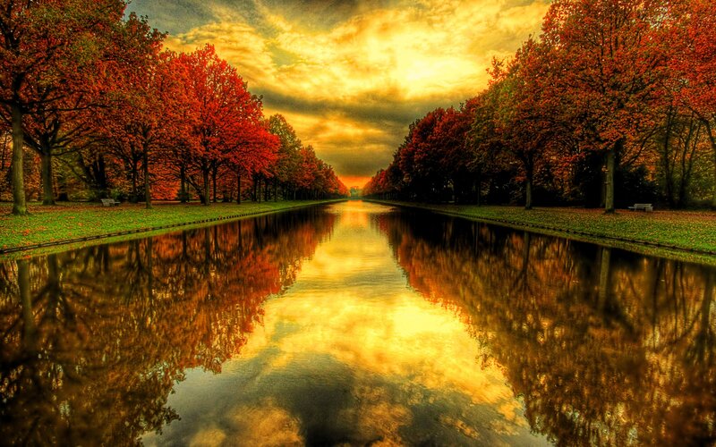 Autumn Trees Reflecting in Canal — Red