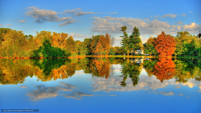 Autumn Trees Reflecting in Lake — Blue, Serene, Photograph, Clouds, House