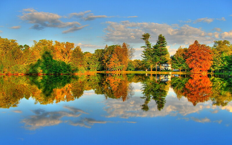 Autumn Trees Reflecting in Lake — Blue, Serene, Photograph, House