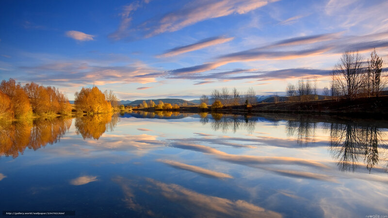 Autumn Trees Reflecting in Lake — Blue, Serene, Sunset, Photograph, Clouds, Mountains
