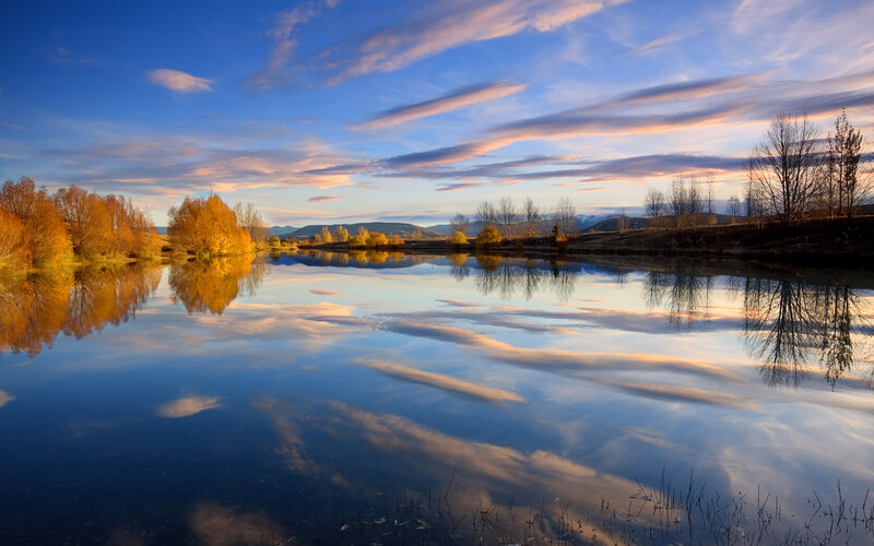 Autumn Trees Reflecting in Lake — Blue, Serene, Sunset, Photograph