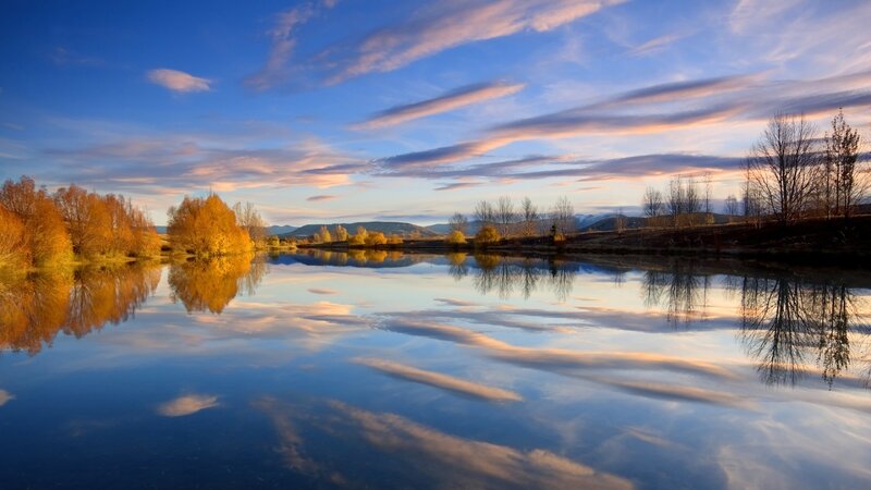 Autumn Trees Reflecting in Lake — Blue, Serene, Sunset