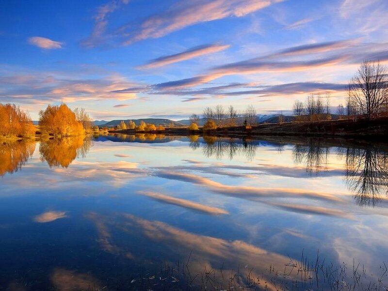 Autumn Trees Reflecting in Lake — Blue