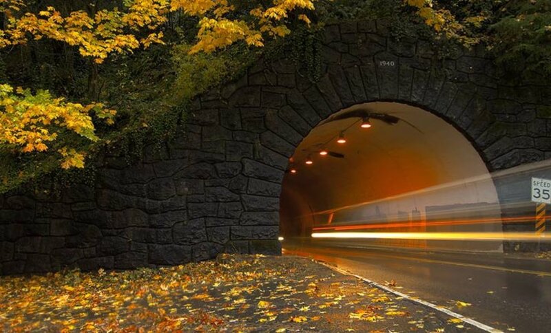 Autumn tunnel with car light trails