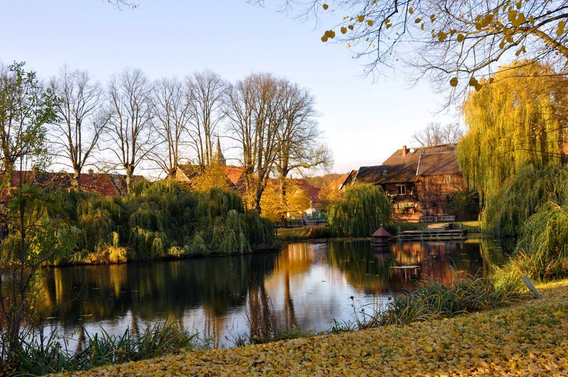 Autumn village by the pond