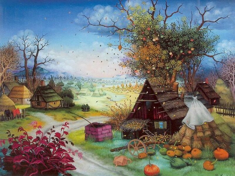Autumn Village Landscape — Blue