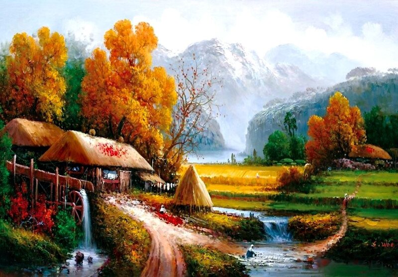Autumn Village Landscape — Yellow