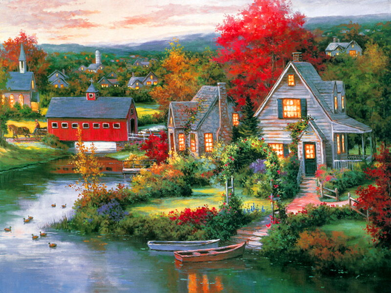 Autumn Village Scene — Red