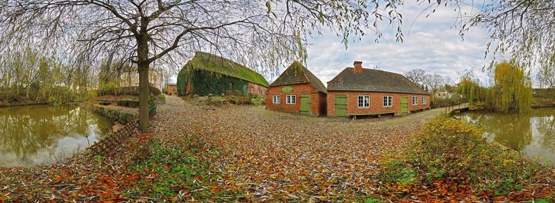 Autumn village scene with brick houses