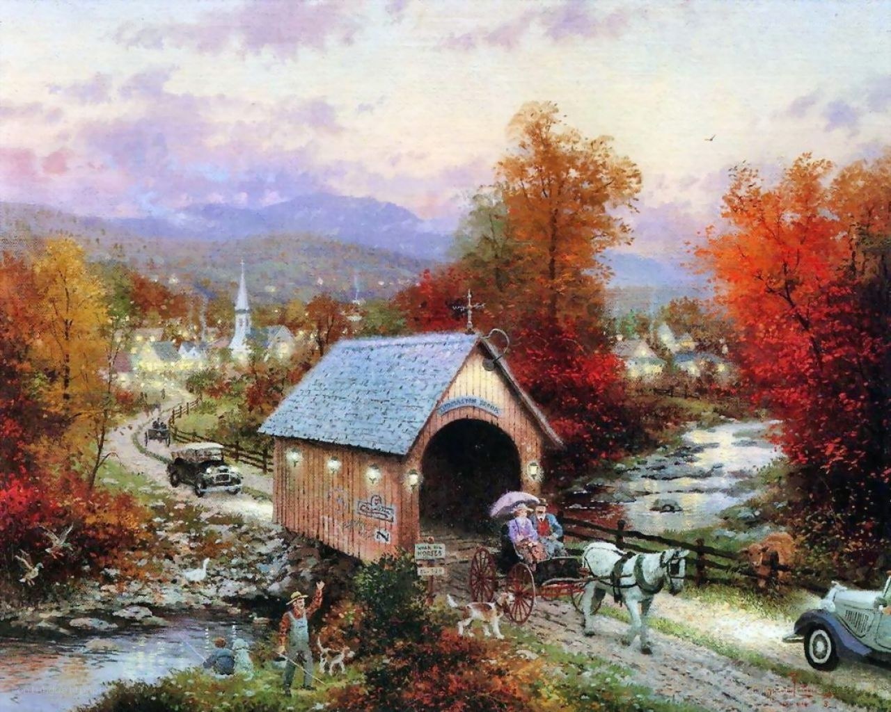 Autumn village with covered bridge